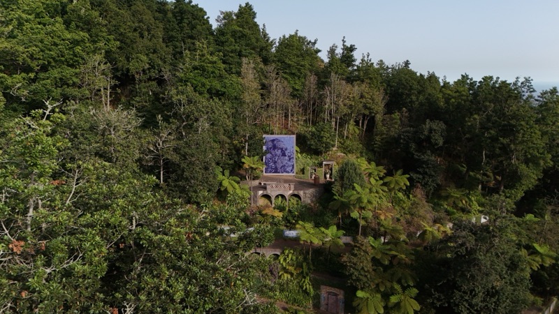 Carved cobalt tile panel above the arched terrace, Monte Palace gardens, Madeira