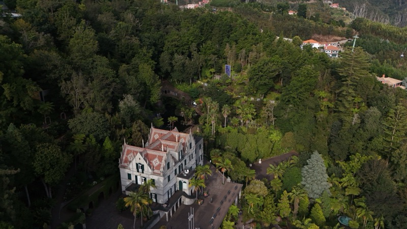 Wide drone view over the Monte Palace estate, Madeira