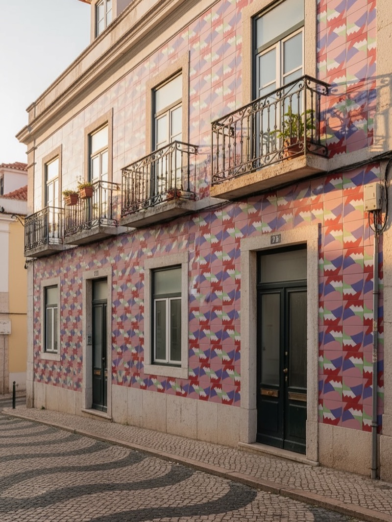 Draft visualisation — Lisbon pombaline facade fully clad in pink and red AkaCorleone pattern tiles at golden hour