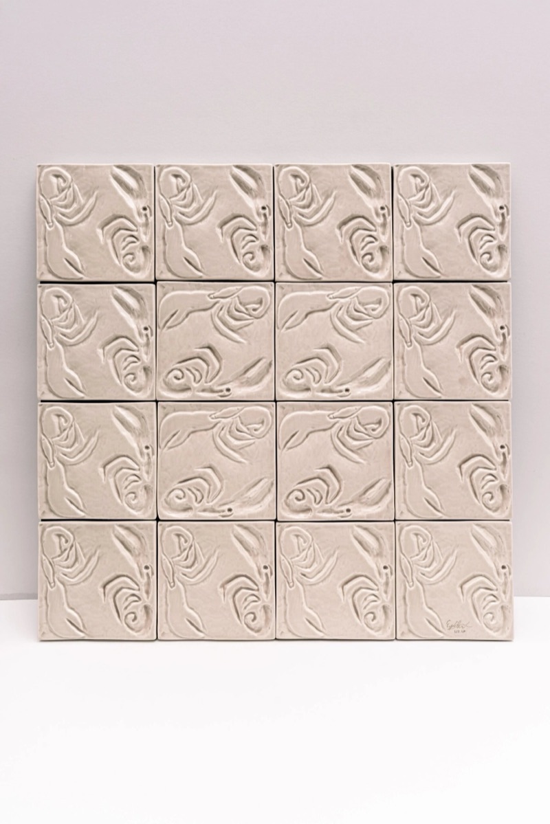 Evy Jokhova The Hermit Crab white glazed relief tiles