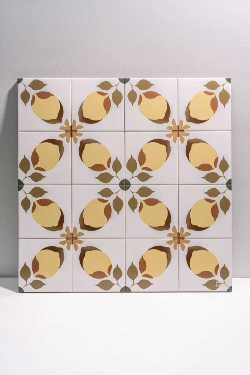 Marta Lapeña lemon-motif pattern tiles, signed panel