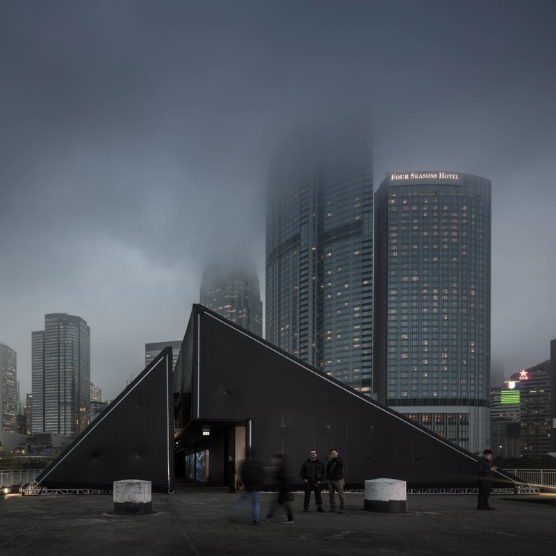 Pier 4 exhibition exterior in the fog, Central Harbourfront, Hong Kong