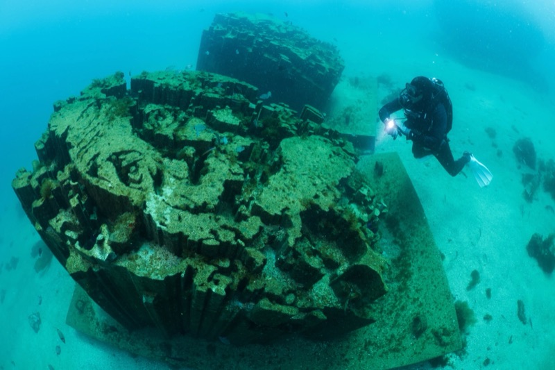 A diver beside a carved face on the reef
