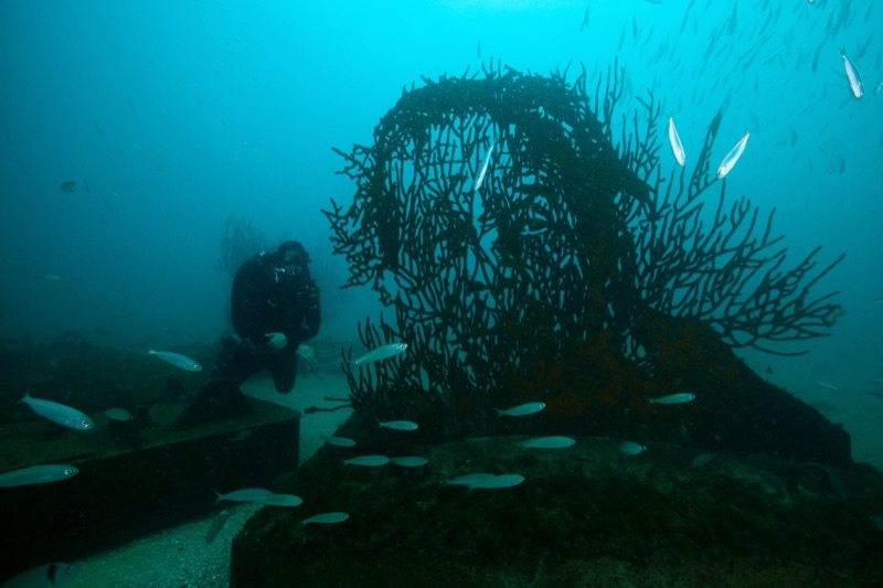 Diver circling the sunken carved head sculpture