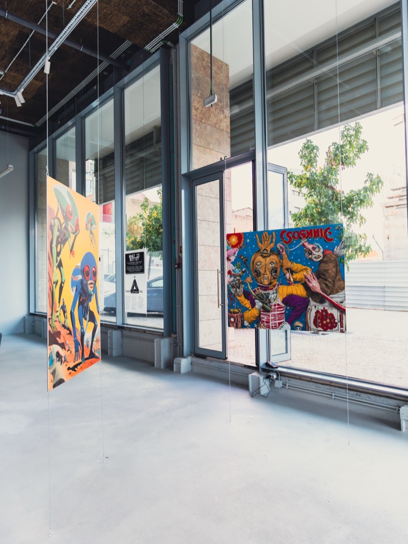 Botto works hanging at the Eterno gallery window over the Marvila street