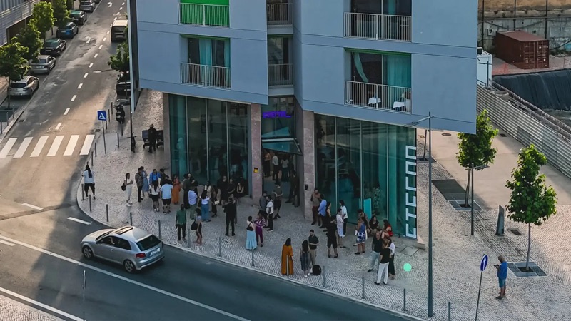 Aerial view of the opening crowd outside the Eterno Gallery corner, Prata Riverside, Marvila