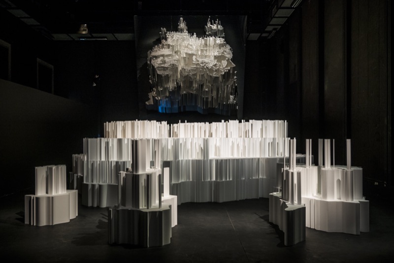 White styrofoam installation at Fragments Urbains, Le Centquatre-Paris