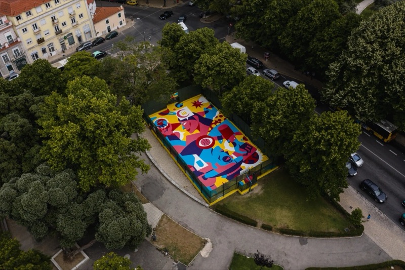 AkaCorleone painted sports court, aerial view, Campo Mártires da Pátria, Lisbon