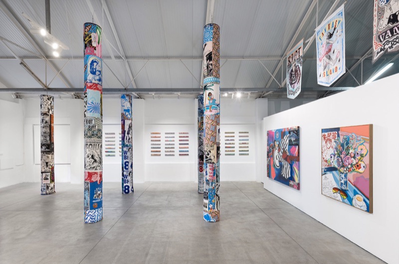 Wide installation view of FAILE's quilted columns, Underdogs Gallery, 2026