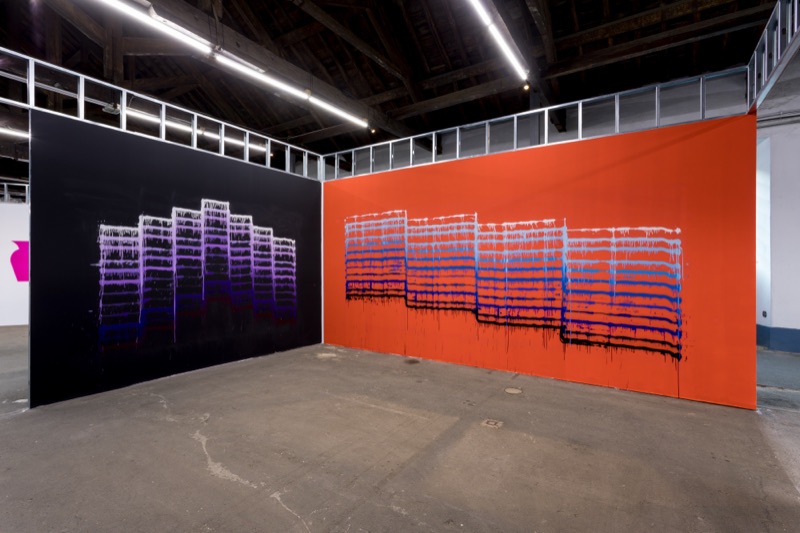 Jason Revok twin murals, black and orange panels, final install, Cordoaria Nacional, 2023